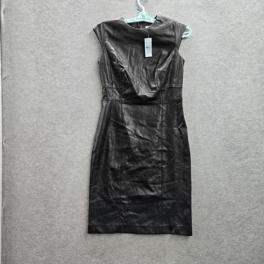 Ann Taylor Women Dress 2P Black Petite Faux Leather Sheath Sleeveless NWT